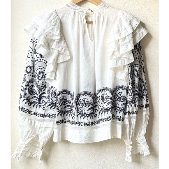 ULLA JOHNSON White Black Annetta Ruffle Embroidered Top Sz 2 - Picture 11 of 16